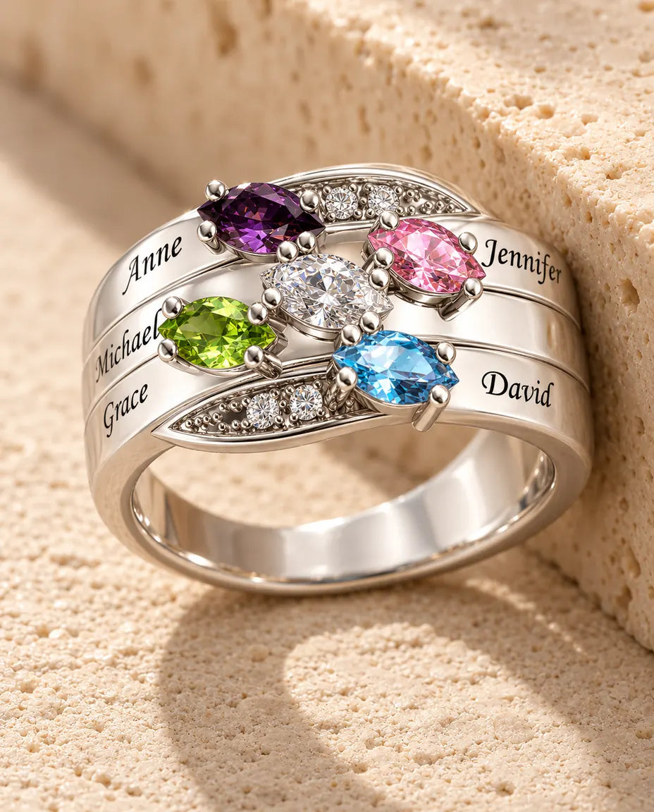 Personalisierter Geburtsstein Ring mit 5 Namen - Breiter Familienring mit Gravur - in Sterlingsilber