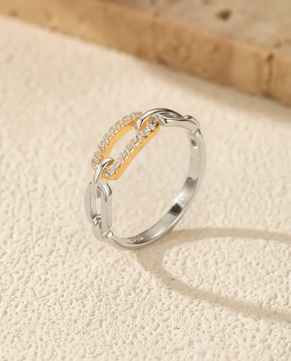 Gliederketten Ring bicolor - vergoldeter Pavé Steg zwischen Silbergliedern, Grössen 5 bis 9, 925 Sterlingsilber