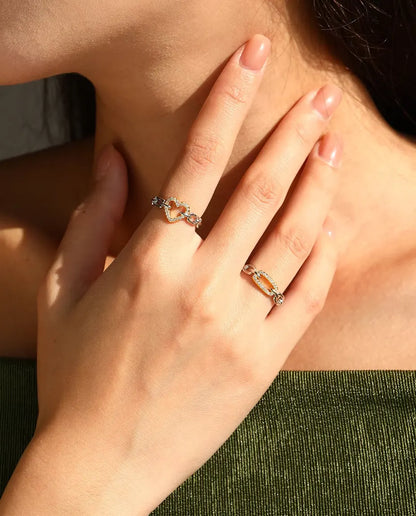 Gliederketten Ring bicolor - vergoldeter Pavé Steg zwischen Silbergliedern, Grössen 5 bis 9, 925 Sterlingsilber
