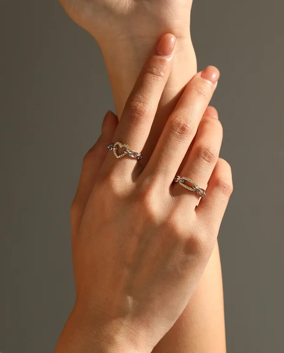 Gliederketten Ring bicolor - vergoldeter Pavé Steg zwischen Silbergliedern, Grössen 5 bis 9, 925 Sterlingsilber