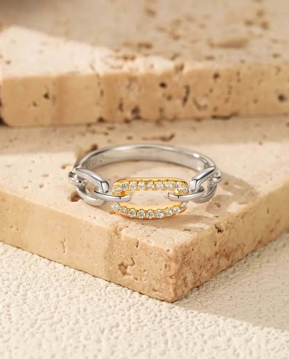 Gliederketten Ring bicolor - vergoldeter Pavé Steg zwischen Silbergliedern, Grössen 5 bis 9, 925 Sterlingsilber