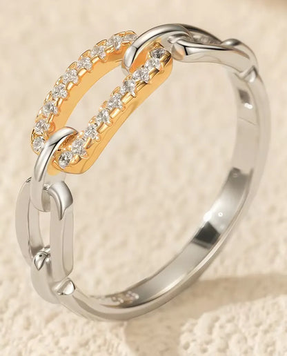 Gliederketten Ring bicolor - vergoldeter Pavé Steg zwischen Silbergliedern, Grössen 5 bis 9, 925 Sterlingsilber