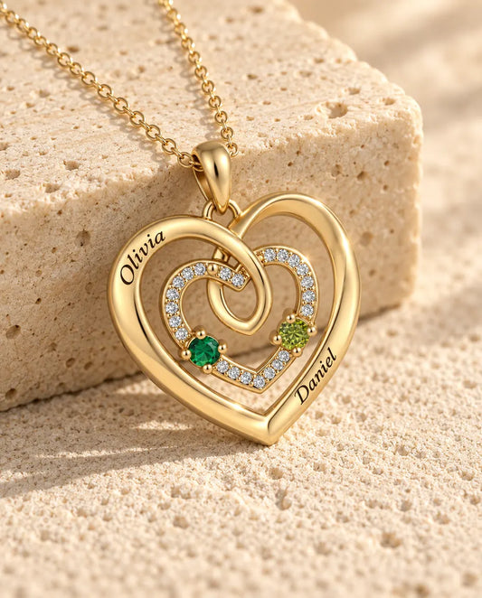 Personalisierte Geburtsstein Kette mit 2 Namen - goldenes Dreifach Herz mit zwei Geburtssteinen