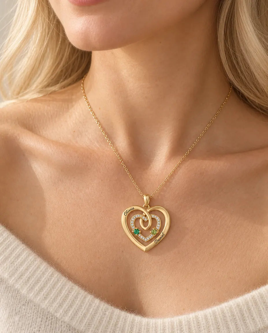 Personalisierte Geburtsstein Kette mit 2 Namen - goldenes Dreifach Herz mit zwei Geburtssteinen