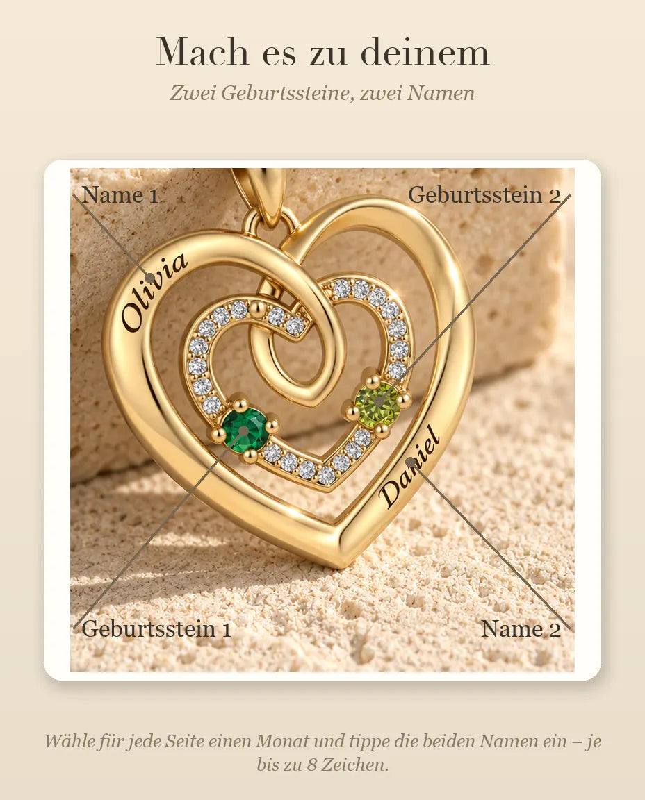 Personalisierte Geburtsstein Kette mit 2 Namen - goldenes Dreifach Herz mit zwei Geburtssteinen