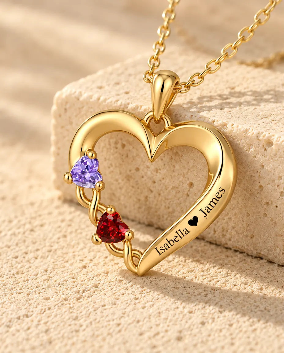 Personalisierte Geburtsstein Kette mit 2 Namen - goldenes offenes Herz mit zwei Herzsteinen