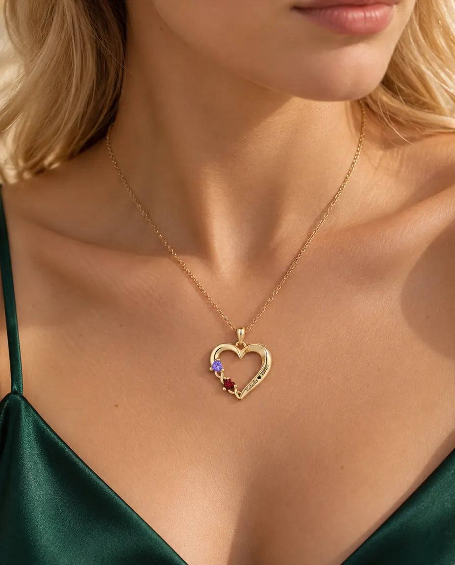Personalisierte Geburtsstein Kette mit 2 Namen - goldenes offenes Herz mit zwei Herzsteinen