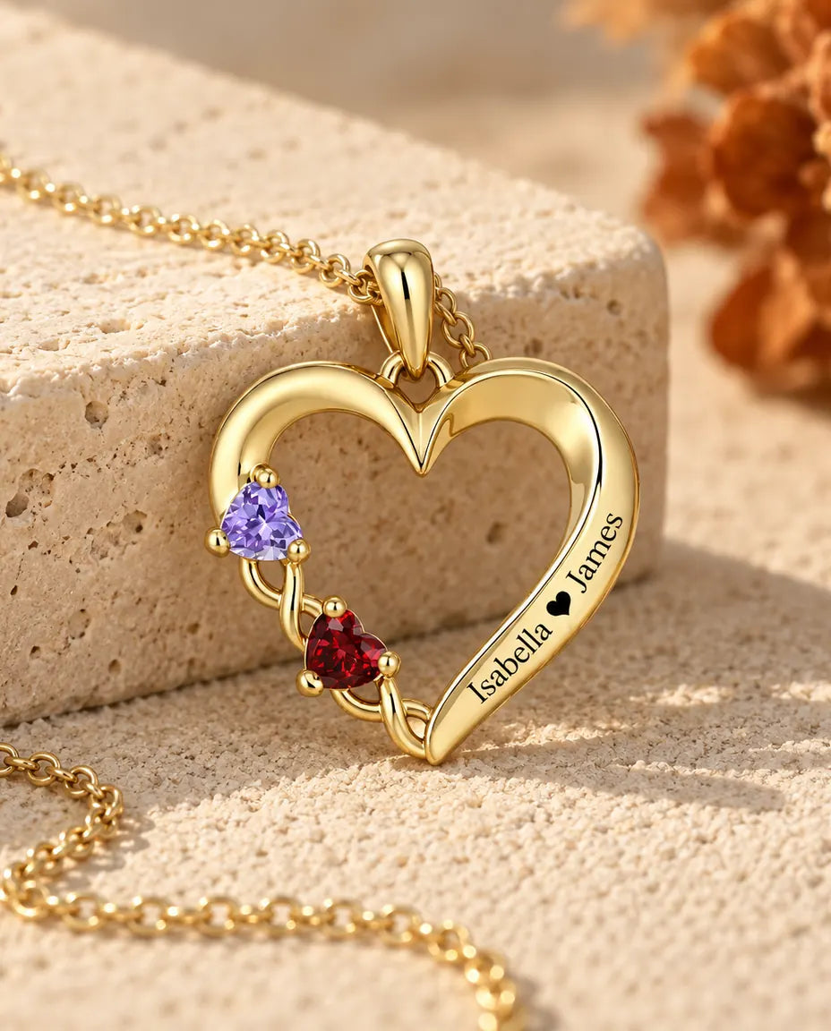 Personalisierte Geburtsstein Kette mit 2 Namen - goldenes offenes Herz mit zwei Herzsteinen