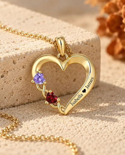 Personalisierte Geburtsstein Kette mit 2 Namen - goldenes offenes Herz mit zwei Herzsteinen