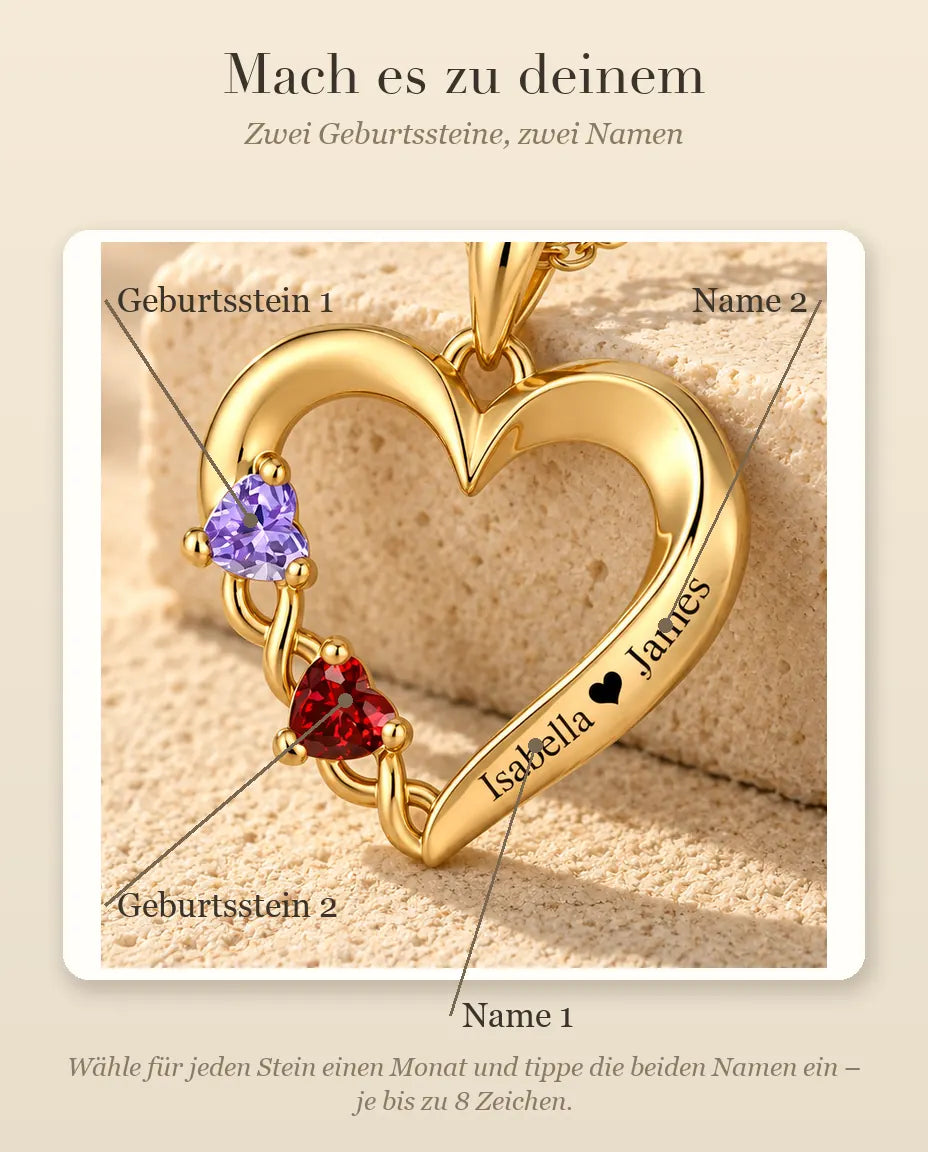 Personalisierte Geburtsstein Kette mit 2 Namen - goldenes offenes Herz mit zwei Herzsteinen