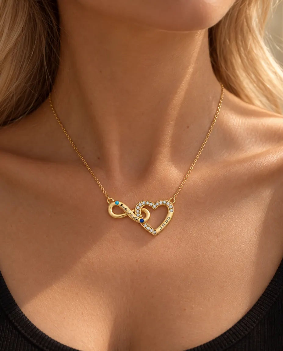 Personalisierte Kette mit 2 Namen und Datum - goldenes Unendlichkeit Herz mit zwei Geburtssteinen