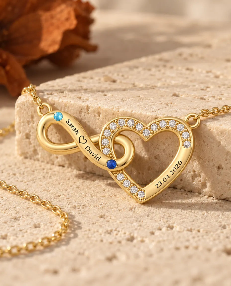 Personalisierte Kette mit 2 Namen und Datum - goldenes Unendlichkeit Herz mit zwei Geburtssteinen