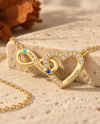 Personalisierte Kette mit 2 Namen und Datum - goldenes Unendlichkeit Herz mit zwei Geburtssteinen