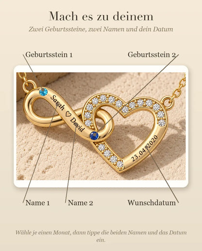 Personalisierte Kette mit 2 Namen und Datum - goldenes Unendlichkeit Herz mit zwei Geburtssteinen