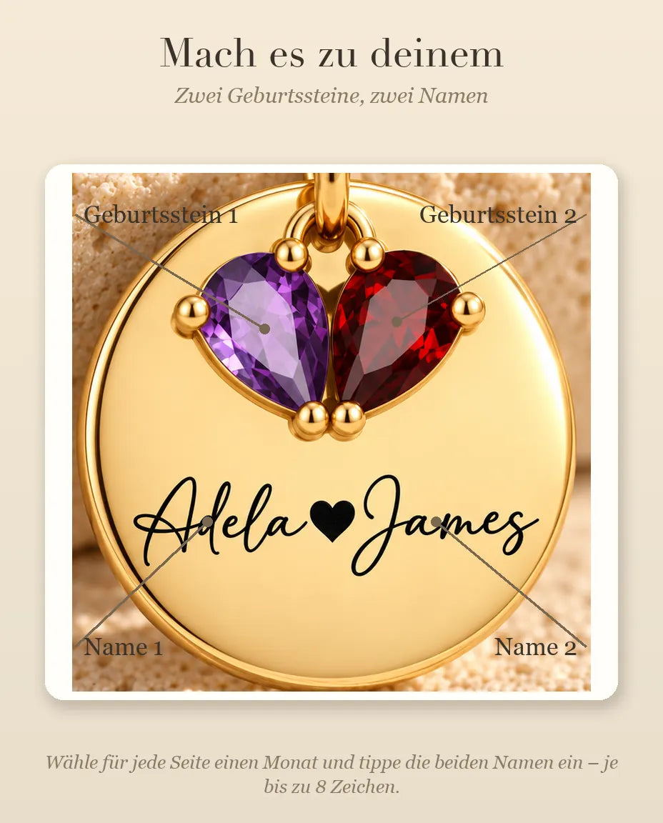 Personalisierte Geburtsstein Kette mit 2 Namen - goldfarbene Plakette mit zwei Tropfensteinen