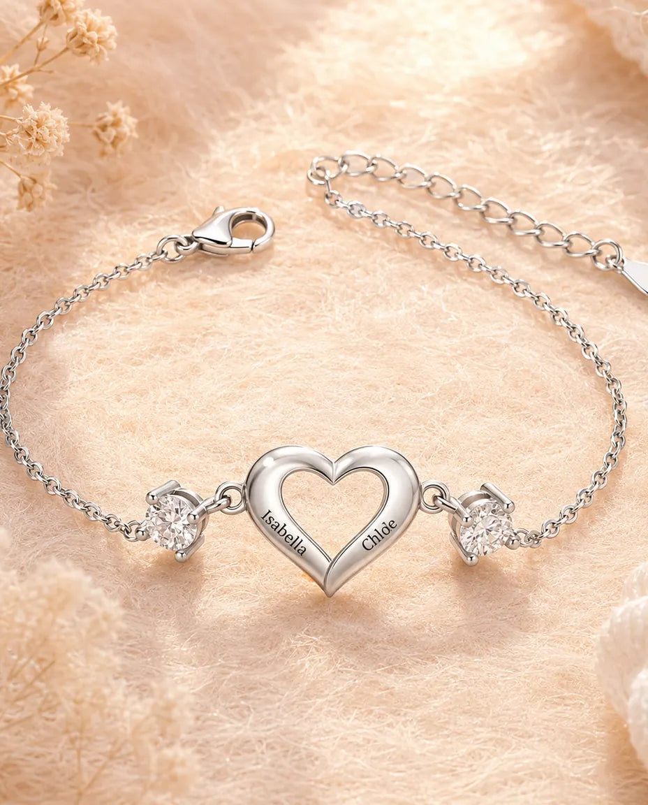 Personalisiertes Geburtsstein Armband mit 2 Namen - offenes Herz mit zwei Geburtssteinen, verstellbar, rhodiniert