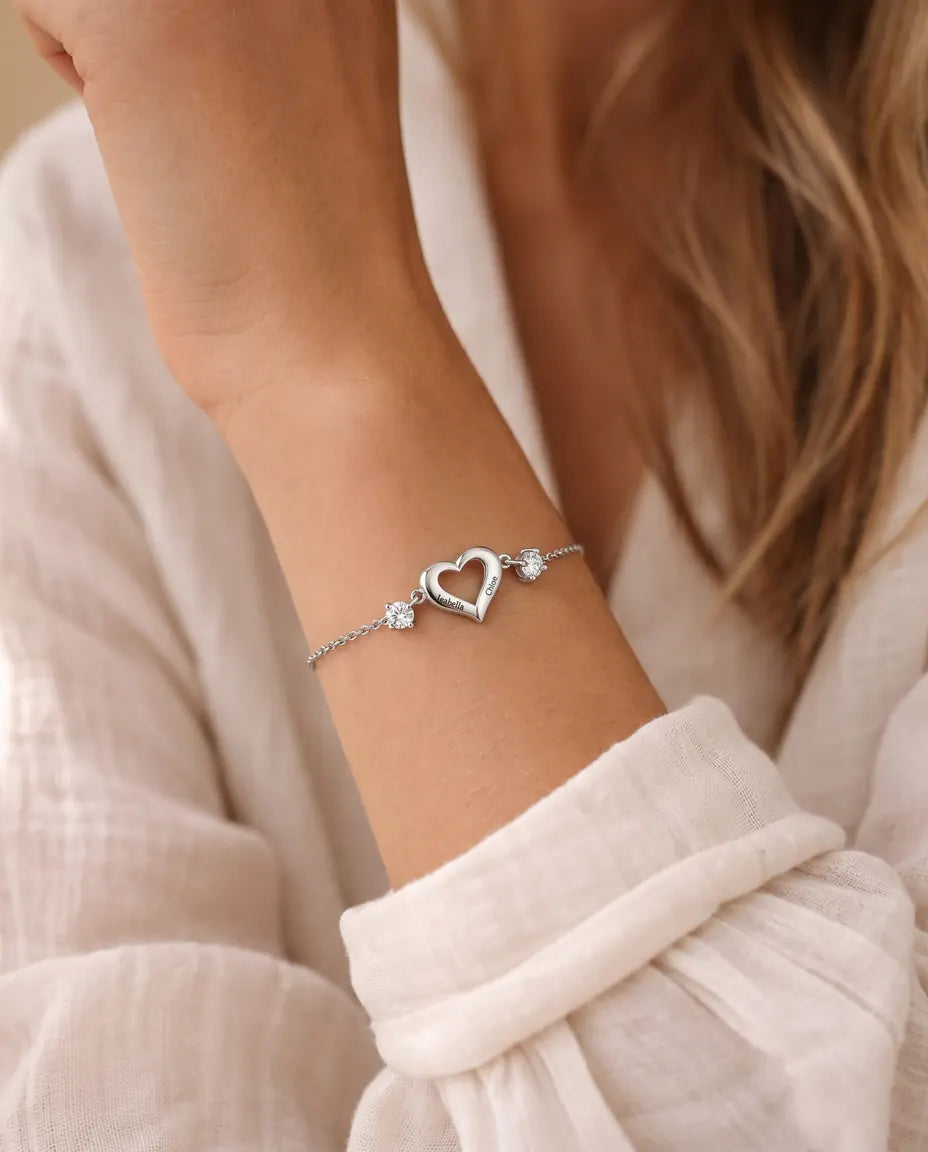 Personalisiertes Geburtsstein Armband mit 2 Namen - offenes Herz mit zwei Geburtssteinen, verstellbar, rhodiniert