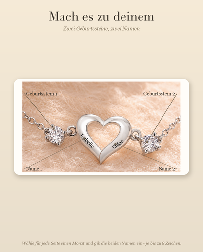 Personalisiertes Geburtsstein Armband mit 2 Namen - offenes Herz mit zwei Geburtssteinen, verstellbar, rhodiniert