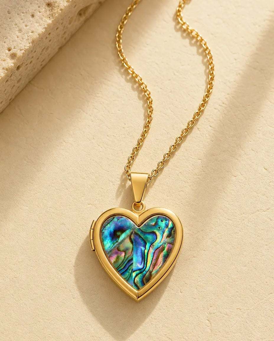 Personalisierte Herz-Medaillon Kette mit Abalone-Muschel für 2 Fotos, Herzmedaillon mit Perlmutt und Gravur in Gold oder Silber