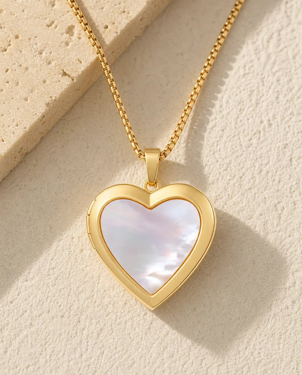 Personalisierte Herz-Medaillon Kette mit Perlmutt für 2 Fotos, poliertes Herzmedaillon in Gold, Foto-Geschenk
