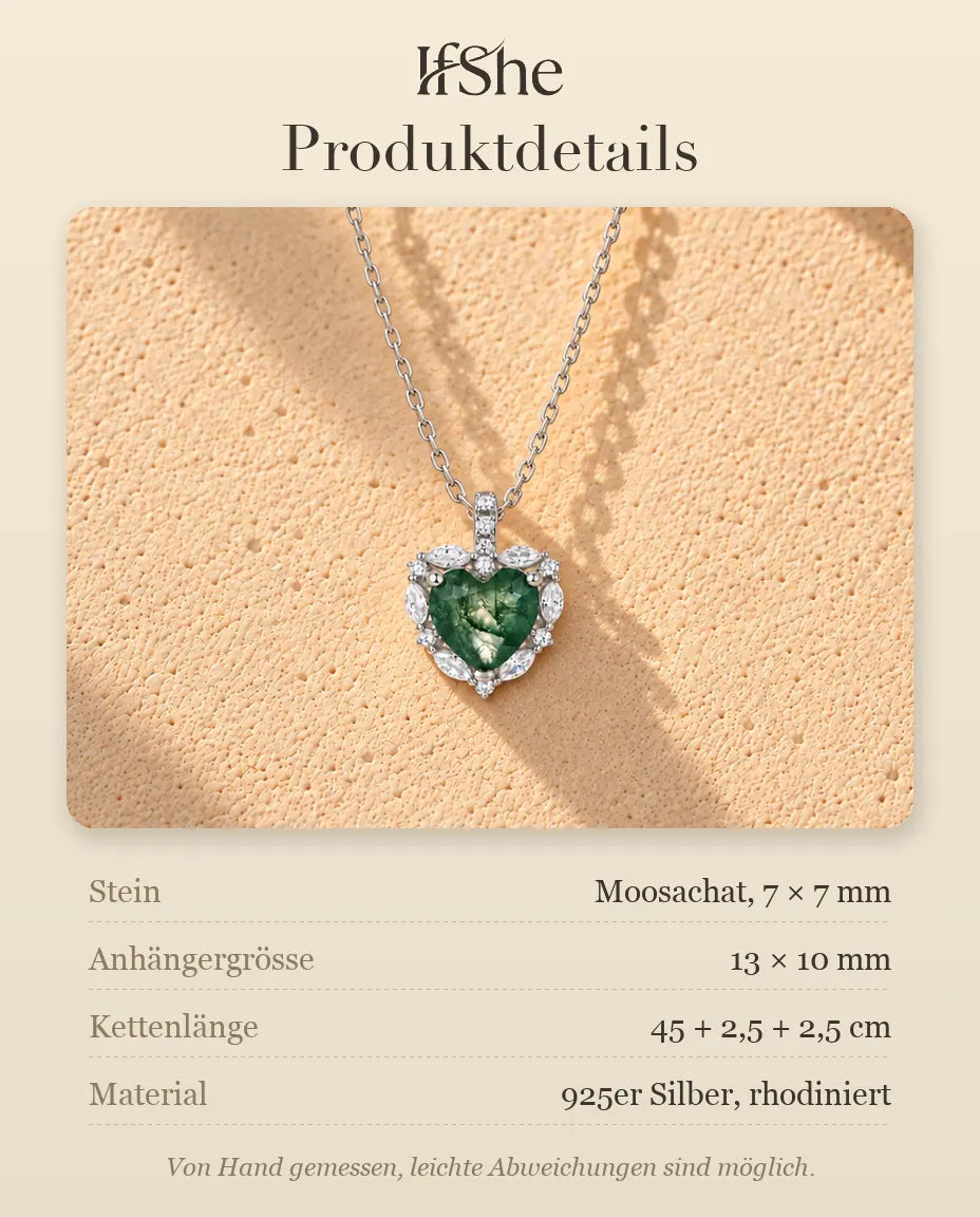 Herz Moosachat Halo Kette aus 925 Sterlingsilber - Produktdetails mit Steinen, Anhängergrösse, Kettenlänge und Material
