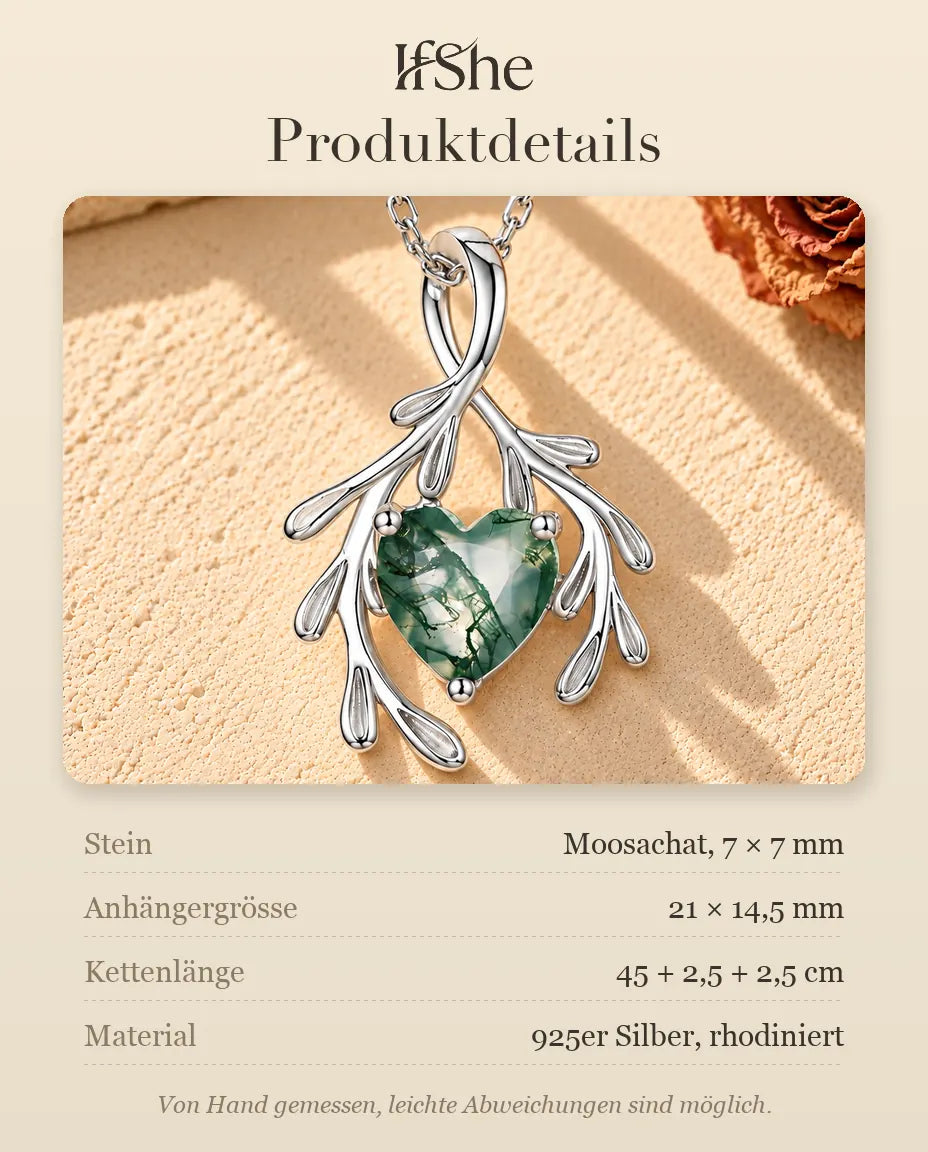 Herz Moosachat Kette mit Zweigen aus 925 Sterlingsilber - Produktdetails mit Steinen, Anhängergrösse, Kettenlänge und Material
