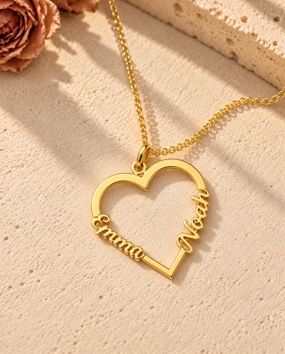 Herz Namenskette mit zwei Namen aus 925 Sterlingsilber - in Gold
