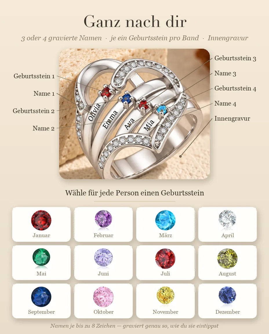 Personalisierter Geburtsstein Ring mit 3-4 Namen und Innengravur - Familienring mit Herz, gravierten Namen und simulierten Geburtssteinen, rhodiniert