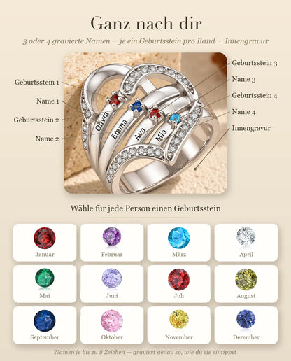 Personalisierter Geburtsstein Ring mit 3-4 Namen und Innengravur - Familienring mit Herz, gravierten Namen und simulierten Geburtssteinen, rhodiniert