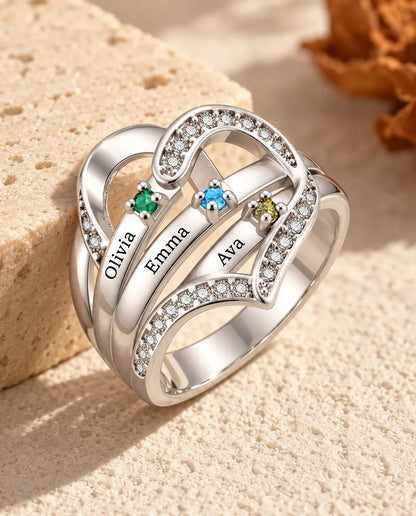 Personalisierter Geburtsstein Ring mit 3-4 Namen und Innengravur - Familienring mit Herz, gravierten Namen und simulierten Geburtssteinen, rhodiniert