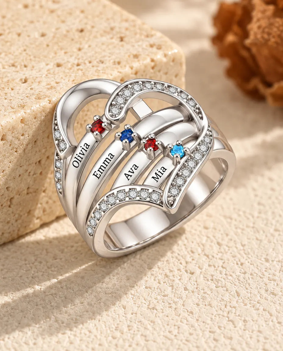 Personalisierter Geburtsstein Ring mit 3-4 Namen und Innengravur - Familienring mit Herz, gravierten Namen und simulierten Geburtssteinen, rhodiniert