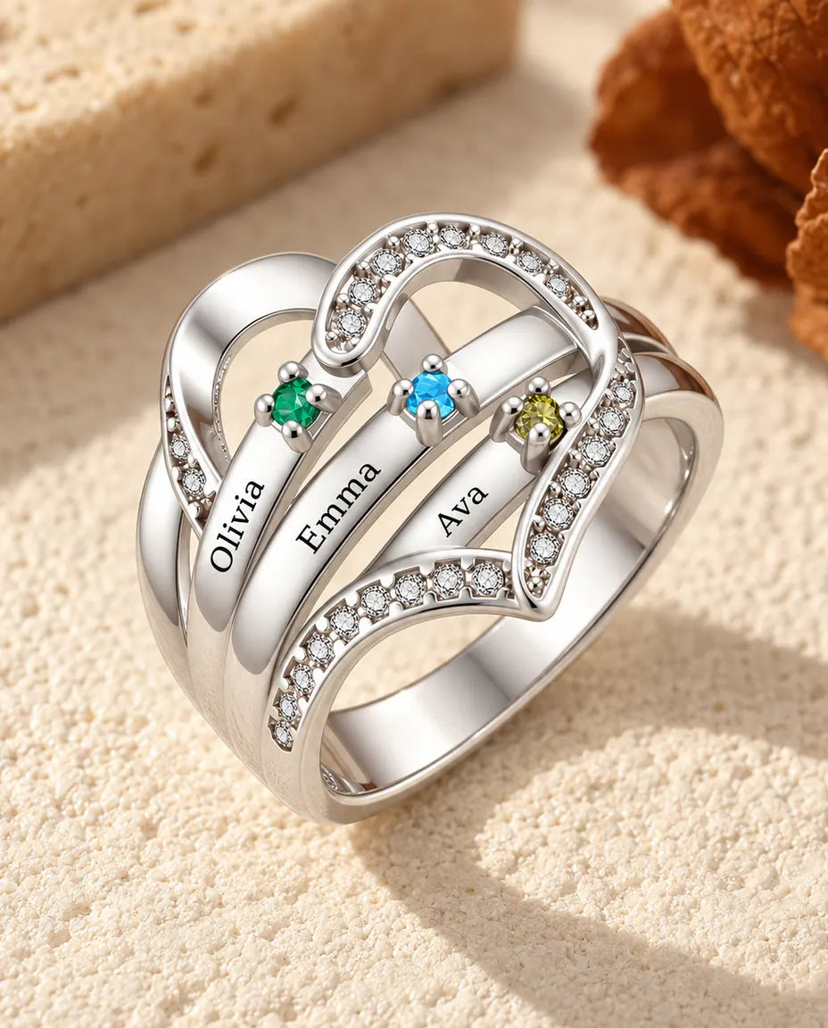 Personalisierter Geburtsstein Ring mit 3-4 Namen und Innengravur - Familienring mit Herz, gravierten Namen und simulierten Geburtssteinen, rhodiniert