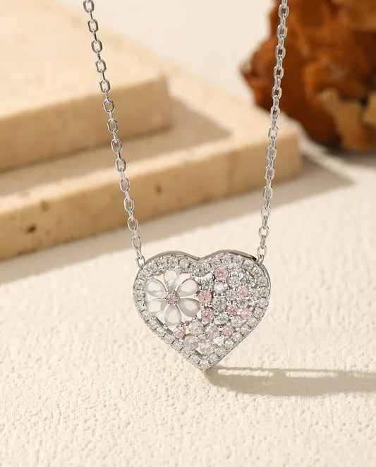 Herzkette mit Perlmutt Blüte - rosa und klare Zirkonia auf 16 x 18 mm Anhänger, 925 Sterlingsilber, 40 plus 5 cm