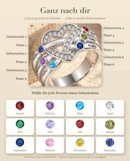 Personalisierter Geburtsstein Ring mit 2-6 Namen - Herzknoten Familienring mit Gravur und simulierten Geburtssteinen, rhodiniert