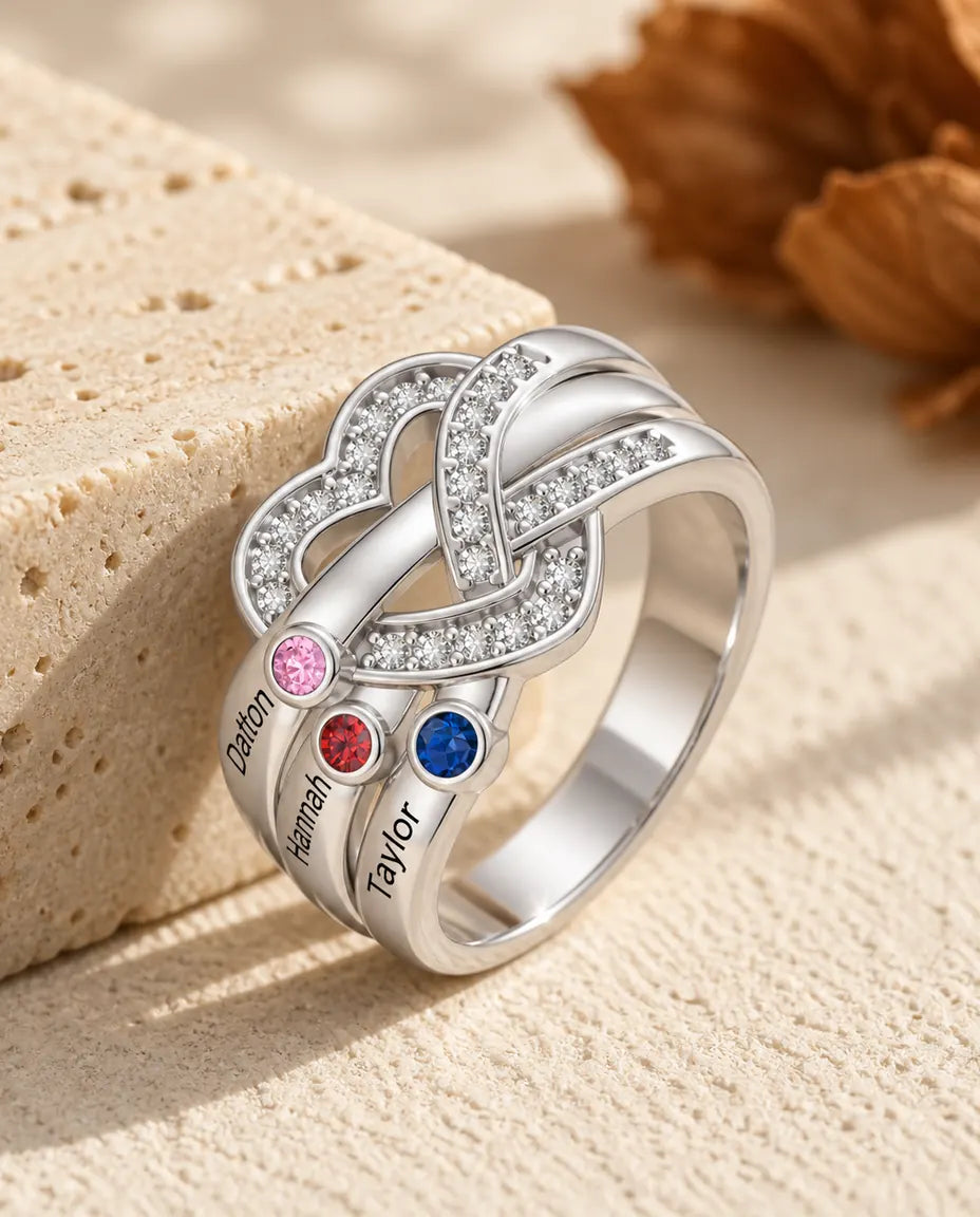 Personalisierter Geburtsstein Ring mit 2-6 Namen - Herzknoten Familienring mit Gravur und simulierten Geburtssteinen, rhodiniert