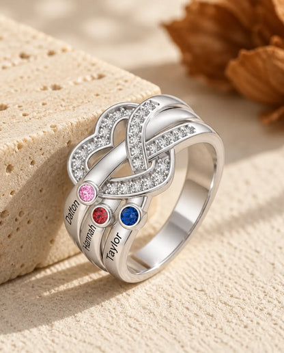 Personalisierter Geburtsstein Ring mit 2-6 Namen - Herzknoten Familienring mit Gravur und simulierten Geburtssteinen, rhodiniert