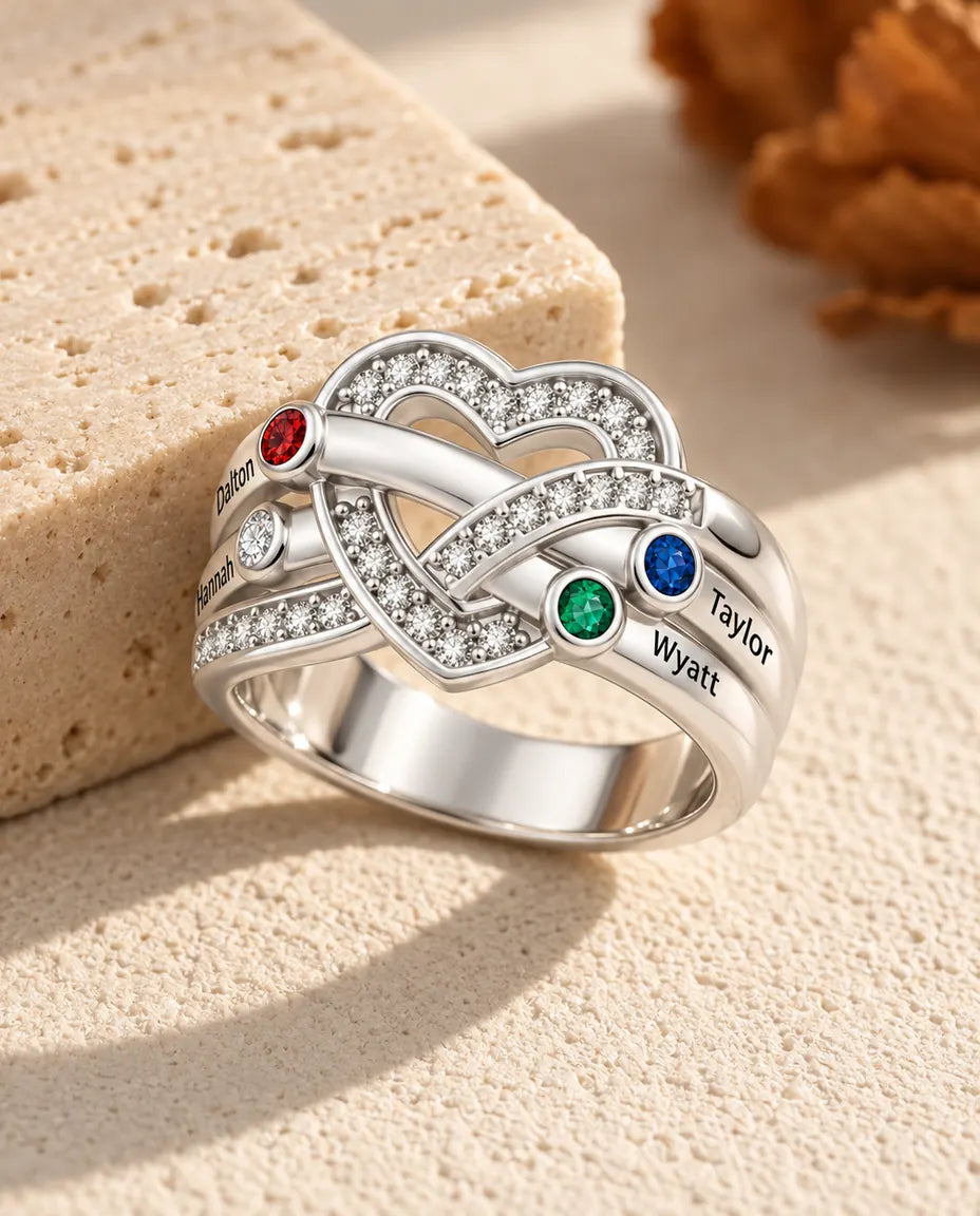 Personalisierter Geburtsstein Ring mit 2-6 Namen - Herzknoten Familienring mit Gravur und simulierten Geburtssteinen, rhodiniert