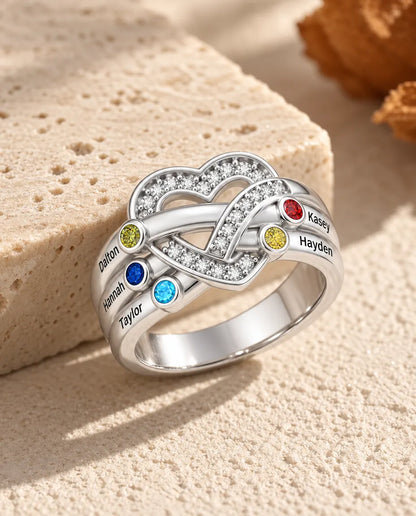 Personalisierter Geburtsstein Ring mit 2-6 Namen - Herzknoten Familienring mit Gravur und simulierten Geburtssteinen, rhodiniert