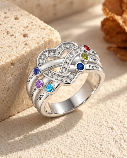 Personalisierter Geburtsstein Ring mit 2-6 Namen - Herzknoten Familienring mit Gravur und simulierten Geburtssteinen, rhodiniert