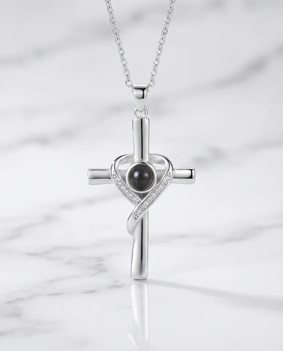 Kette mit Bild im Stein – Kreuz-Anhänger mit Herz und Kristallen, verstecktes Foto, Geschenk für Sie