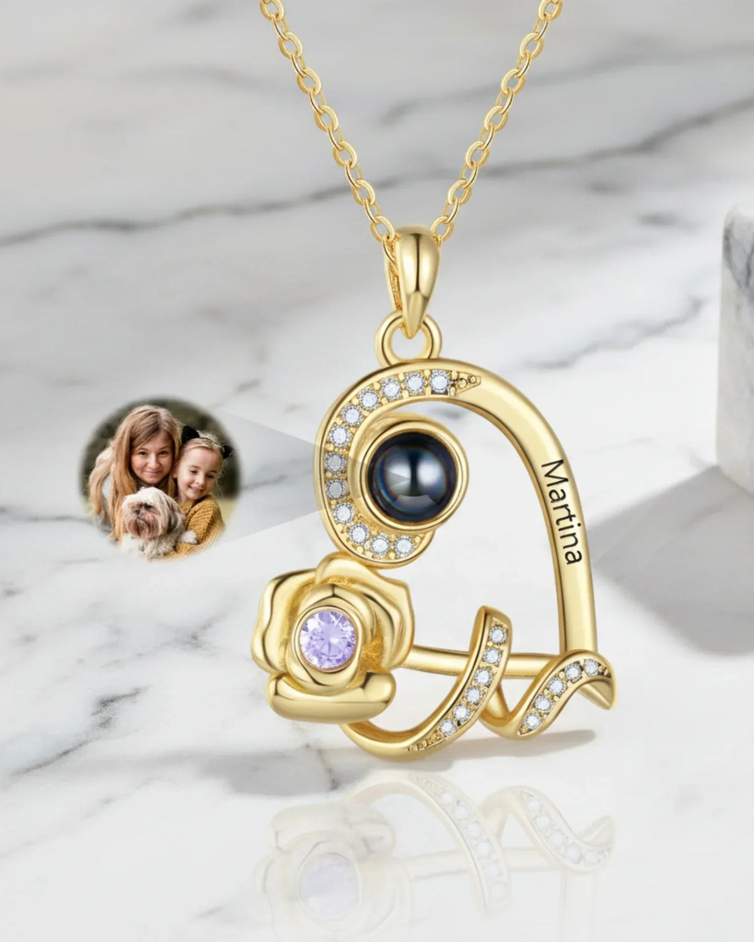 Kette mit Bild im Stein – Rosen-Herz-Anhänger mit Gravur & Geburtsstein, verstecktes Foto, Geschenk für Sie