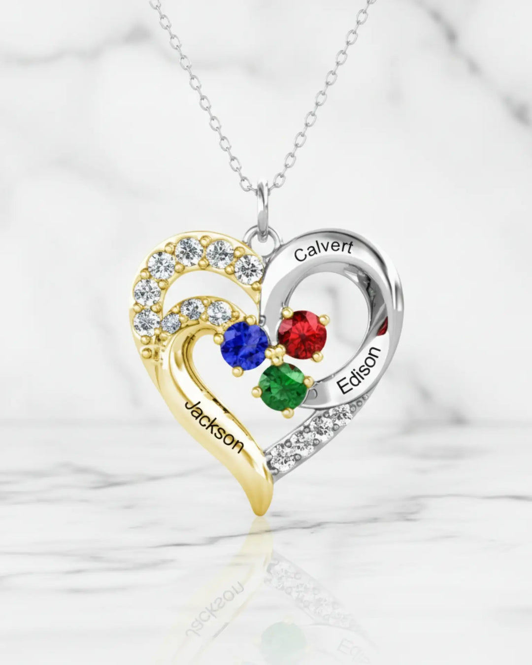 Kette mit Gravur für Mama – Bicolor-Herz aus Sterlingsilber mit Zirkonia, bis zu 5 Namen & Geburtssteine, Muttertagsgeschenk