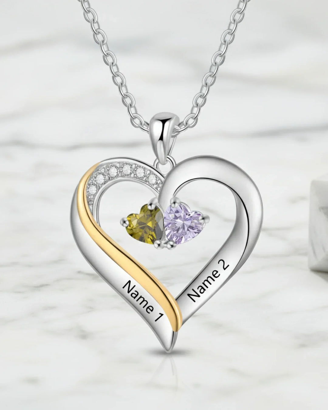 Kette mit Gravur – Herzanhänger aus 925er Sterlingsilber mit 2 Namen und Geburtssteinen, Geschenk für Mama, Partnerin oder beste Freundin