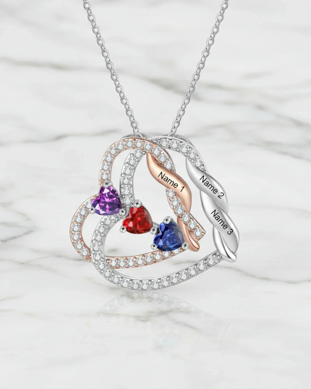 Kette mit Gravur – Verschlungene Herzen aus Kupfer, 2-4 Namen & Geburtssteine, Geschenk für Mama & für Sie