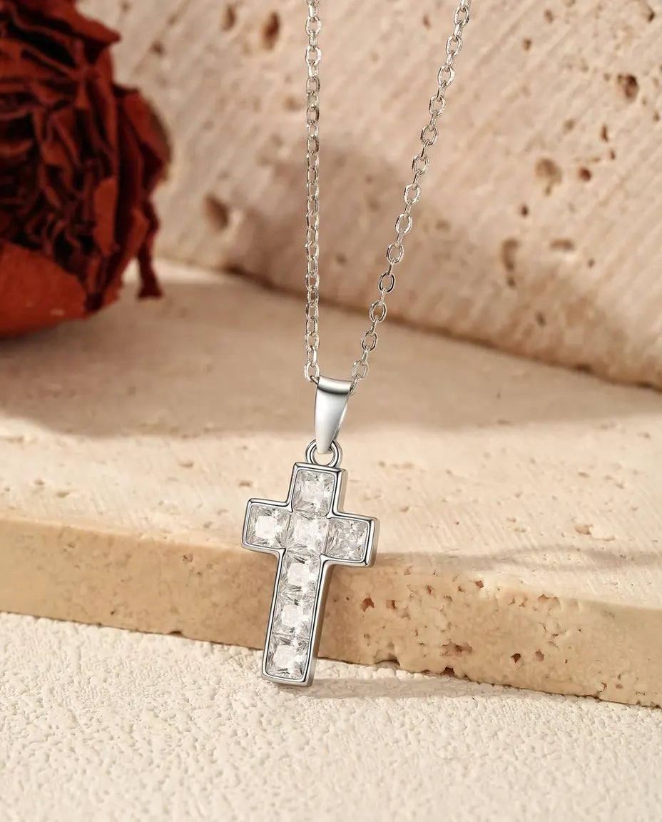 Kreuz Kette mit Pavé-Steinen - Anhänger 10 x 17 mm, feste Öse, an 40+5 cm Kette aus 925 Sterlingsilber