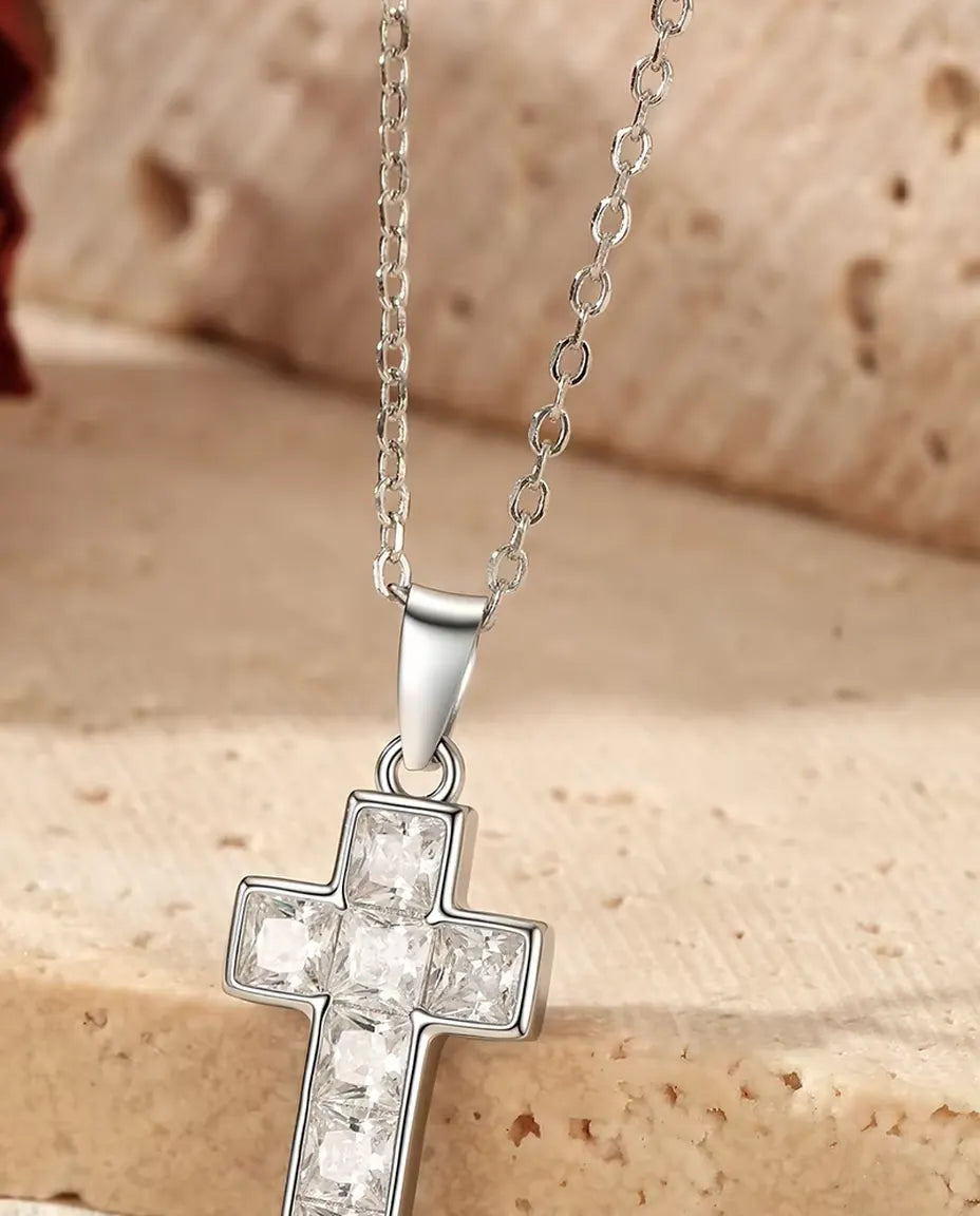 Kreuz Kette mit Pavé-Steinen - Anhänger 10 x 17 mm, feste Öse, an 40+5 cm Kette aus 925 Sterlingsilber