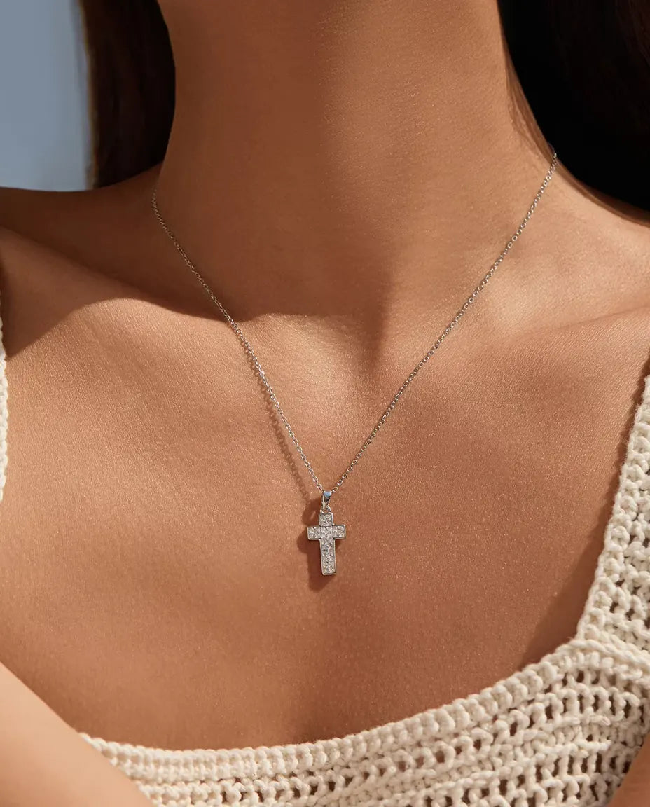 Kreuz Kette mit Pavé-Steinen - Anhänger 10 x 17 mm, feste Öse, an 40+5 cm Kette aus 925 Sterlingsilber