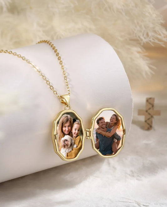 Personalisierte Kreuz-Medaillon-Kette mit 2 Fotos – Emaille in Weiss, Schwarz oder Rot, goldfarben, Geschenk zu Taufe & Kommunion
