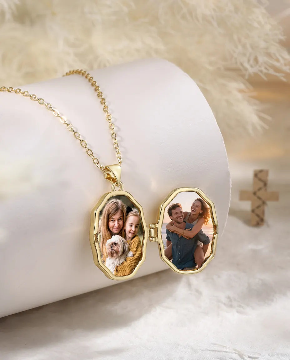 Personalisierte Kreuz-Medaillon-Kette mit 2 Fotos – Emaille in Weiss, Schwarz oder Rot, goldfarben, Geschenk zu Taufe & Kommunion