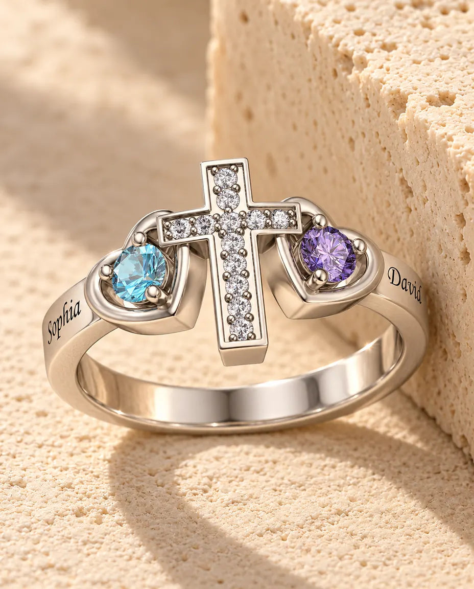 Personalisierter Kreuz Ring mit 2 Geburtssteinen und Namen - Familienring mit Gravur - in Sterlingsilber
